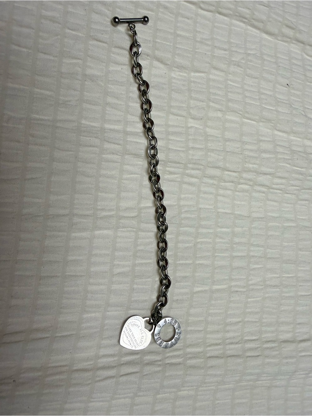 Silver Toggle Chain Bracelet with Heart and Engraved Ring Charm
